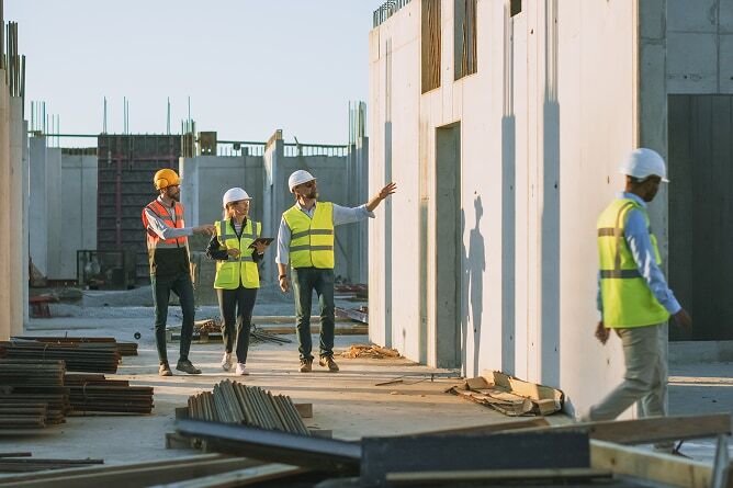Team of three people in vests and hardhats walking through a real estate development project
