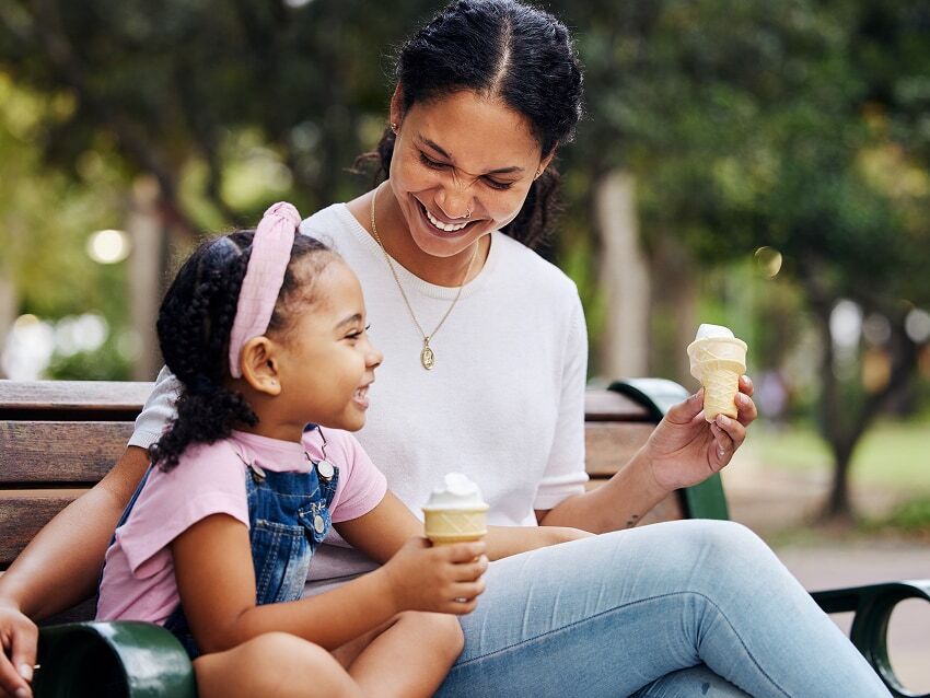 Mom with young daughter eating ice cream on a park bench