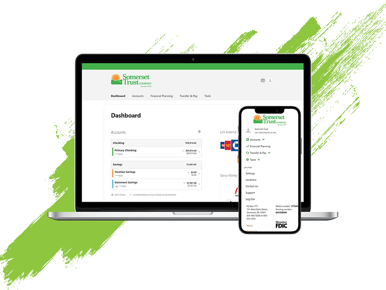 Image of a laptop and phone mockup showing online banking screens and menus