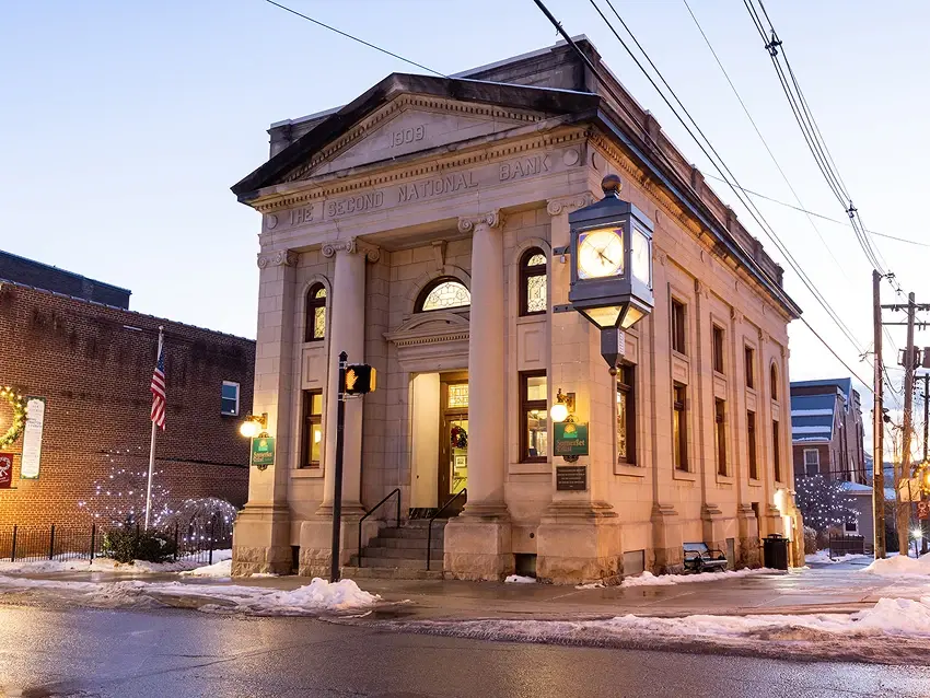Somerset Trust Meyersdale branch viewed from across the street at dusk